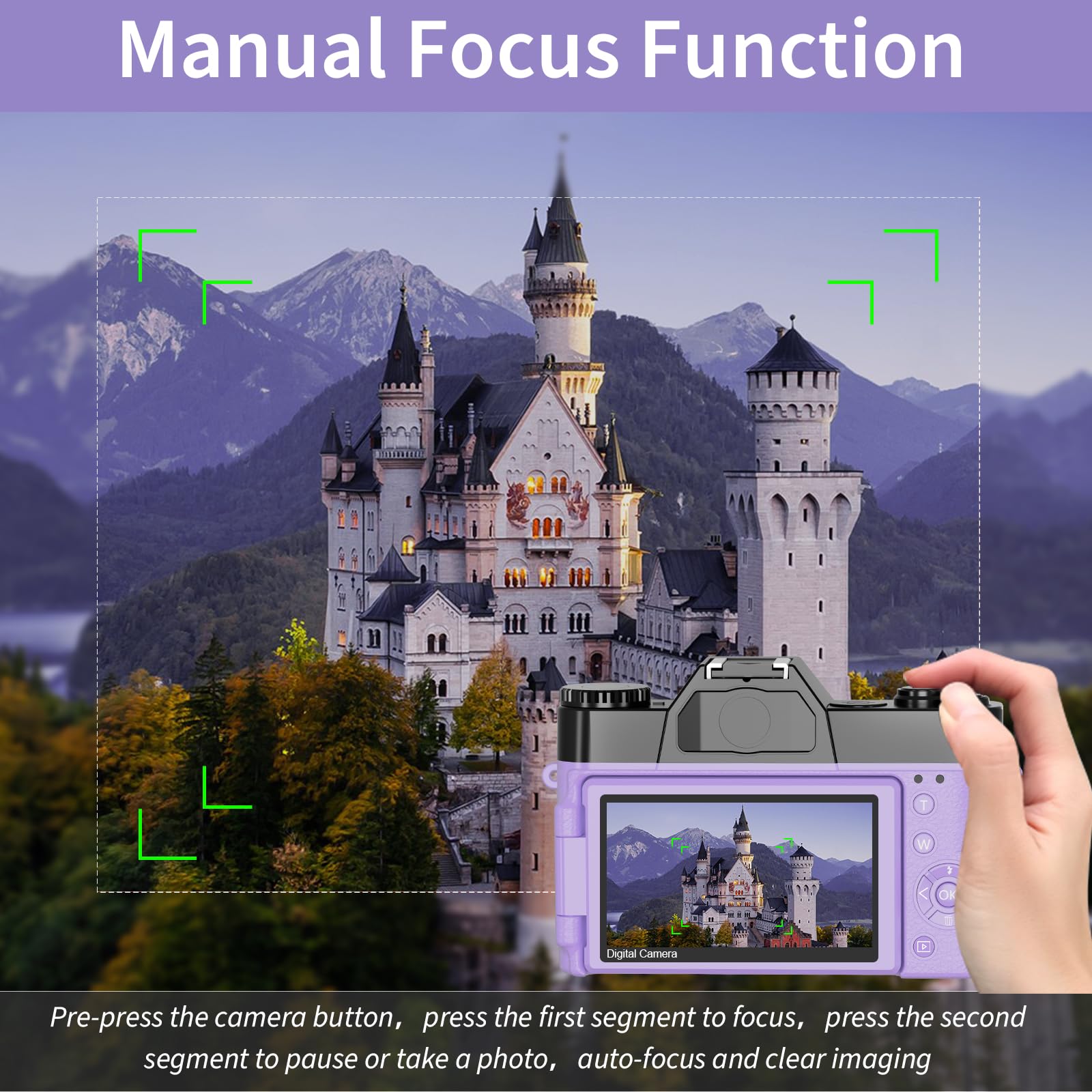 Digital Cameras For Photography, 4K 56Mp Vlogging Camera 16X Digital Zoom Manual Focus Rechargeable Students Compact Camera With 52Mm Wide Angle & Macro Lens, 32G Tf Card And 2 Batteries(Purple)